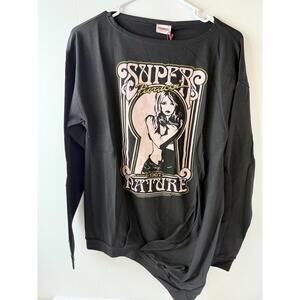 Fiorucci Long Sleeve Cinch Bottom Top Xxs Black Super Nature Print NWT Italy